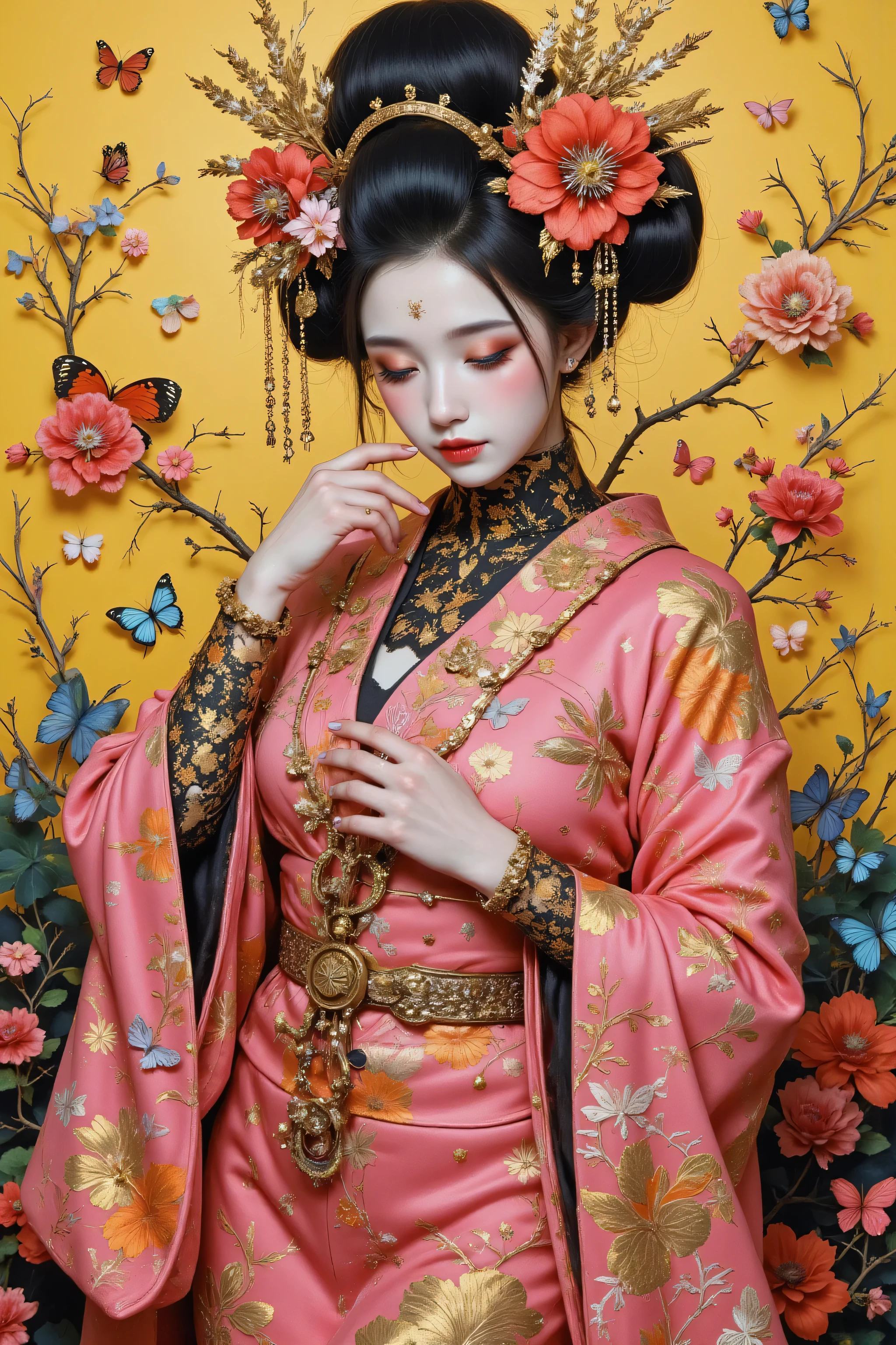 A large golden sofa with a fully naked Chinese Qing Dynasty empress sitting on it, her large breasts exposed and her hair tied to both sides.、Hairpins and flower decorations for Chinese empresses、Hair tied in the back, a perverted and erotic female background、The setting is the luxurious room of the Empress in the Qing Dynasty palace of China。.。
