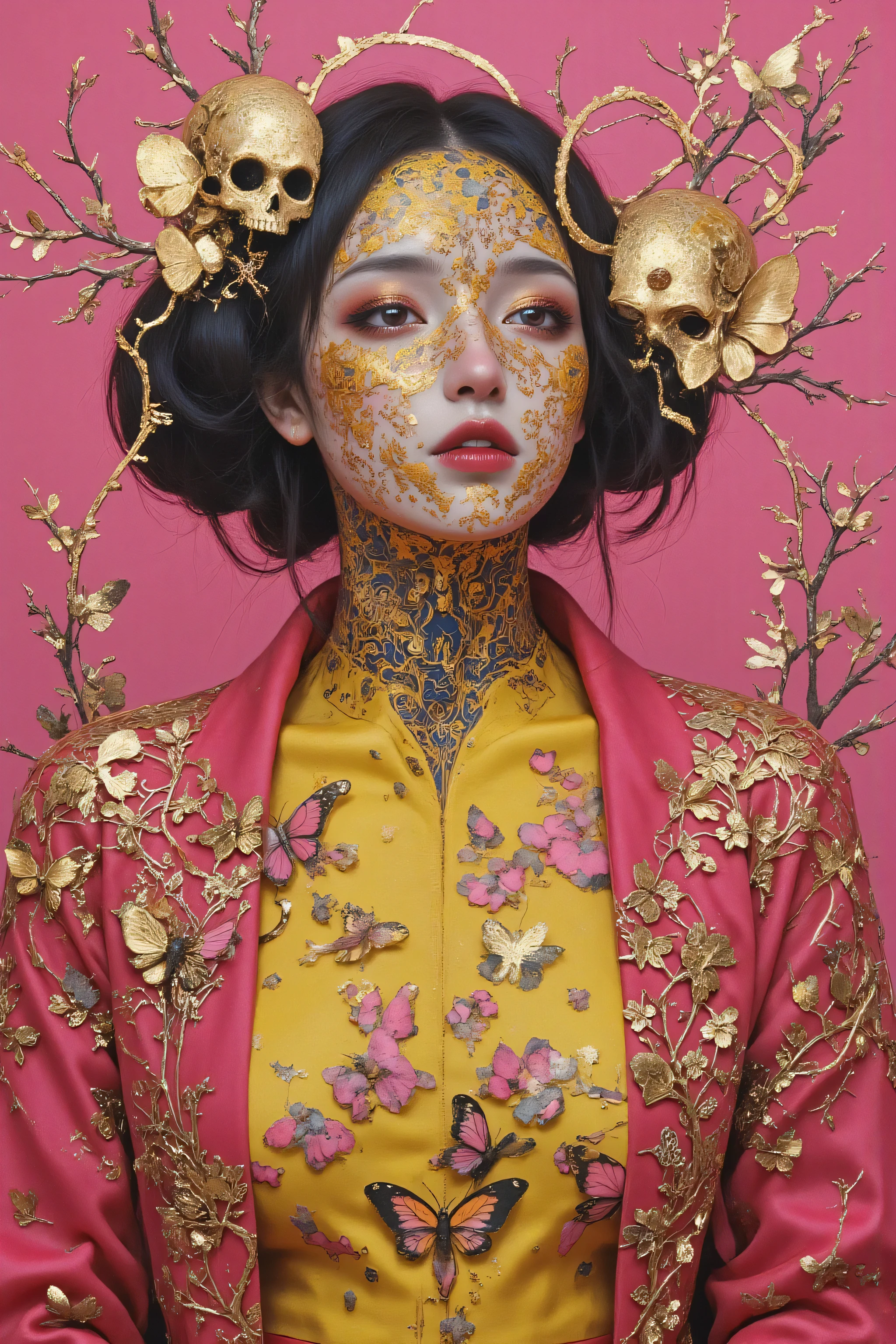 A beautiful geisha with long flowing black hair, silky skin, beautiful eyes, beautiful lips, wearing earrings, ornaments in her hair, with two butterfly wings behind her head, wearing a topless kimono, with bouquets of flowers on both sides, and on the background, butterflies flying around and under her head, wearing a tiara with a jeweled butterfly on top, beautiful hyper-realistic butterfly geisha, a photorealistic adorned geisha, beautiful spring geisha with intricate details. .