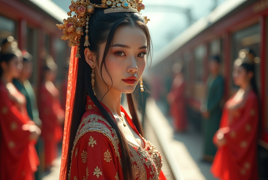 ((masterpiece, highest quality, Highest image quality, High resolution, photorealistic, Raw photo, Extremely detailed CG unified 8k wallpaper)), (huge stunning goddess shot, very hot and sexy, jaw-dropping beauty, perfect proportions, beautiful body, slim body beauty:1.4), Time-Traveling Train, Yang Guifei (dressed as an ancient Chinese empress), Asian beauties,