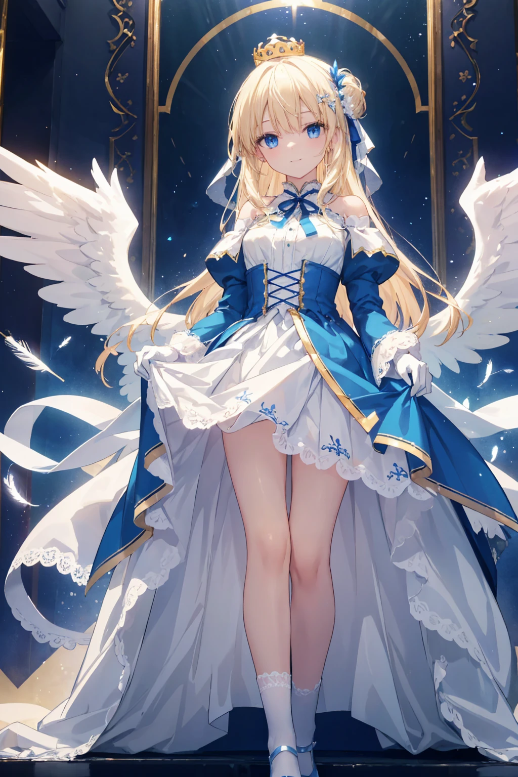 cowboy shot, filo, 1girl, solo, blond hair,embarrassed, closed mouth, flat chest,skinny,short stature,white wings, hite dress, blue bow, long hair, blue eyes, looking at viewer, parted bangs, bent over,(from below:1.5),(skirt lift:1.5), ((skirt grabs:1.3)),(panty shot:1.3),white panty,top-quality,Top image quality,perfect anatomy,masterpiece,ultra-detailliert,Beautiful,ultra-quality, best quality,high resolution, ultra-detailed,game cg,dutch angle ,beautiful detailed eyes,visualart,five fingers, perfect hands