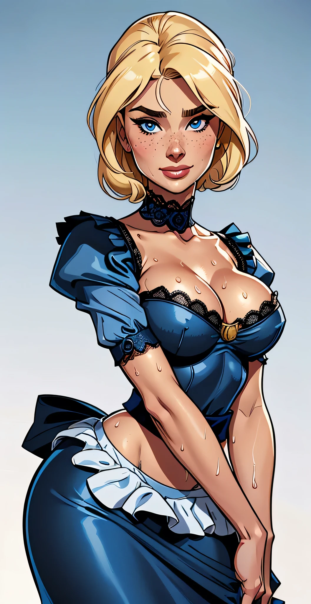 Stefania Ferrario as a realistic and intricate cyborg face of perfect beauty, 20 years old, full body, athletic body, in comic book panel, full body, bold lineart illustration comic, seductive blue eyes, parted lips, perfect body, blonde hair, nsfw:1.8, in the style of Adam Hughes, detailed face, parted lips, big ass, big tits, cleavage, (((from face to waist))), (((shape of fine beauty))), wearing a very small and sexy white lingerie with red lace, black background (work of art), 4K, Ultra HD 