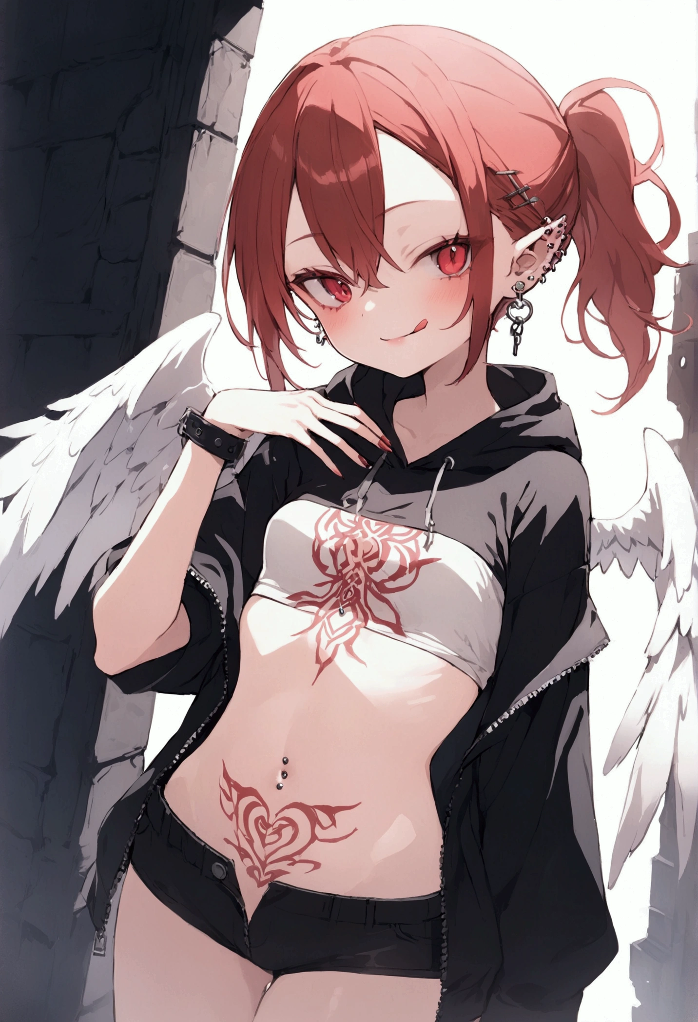 2D anime style. 15-year-old teenage girl with petite body proportions (small breasts, thin waist, small hips and skinny thighs). 158 cm. Has many different piercings (bellybutton piercing, tongue piercing, angel fang piercing, many different ear piercings on both sides of her ears) and an unusual succubus tattoo on her lower abdomen. She has wavy short cherry red hair, a small thin ponytail on one side, and she also has big black abyss eyes. She is dressed in the style of Sabukaru: on the street she can often be seen wearing a long hoodie with a zipper, and underneath it will be hidden short black shorts and a strap on her thigh. Underneath the hoodie is a white t-shirt with a print of some anime girl and various inscriptions. Many white scars can be found on her thighs, wrists, shoulders and even her chest. She smiles slyly and playfully and shows her tongue (it has a metal piercing). She has a cigarette in her hand. She doesn't have wings.