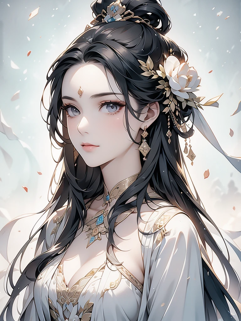 Ink painting style，Ancient beauty has a beautiful face，Long hair，The whole painting is a close-up high-definition photo of the upper body of the person，Solid color background，Clean background