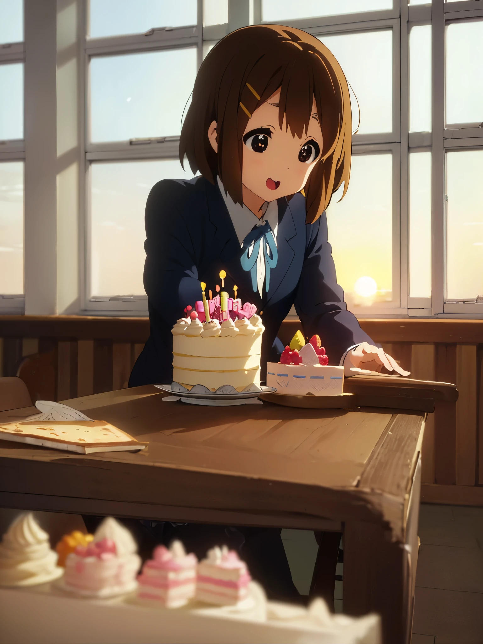 1girl, (((​masterpiece))), top-quality, top-quality, High Details, Hirasawa Yui, 1girl, Sakuragaoka High School Uniform, student clothes, two yellow hairpin, short hair, A brown-haired, brown-eyed, solo, reddish, Dark blue blazer with thin blue ribbon, Solid white buttoned shirt under blazer, illustratio, comic strip, soothing tones, Subdued Color, Soft cinematic light, adobe lightroom, photolab, HDR, intricately and hyper-detailed、(((depth of fields))))。(((​masterpiece)))。(((top-quality))).)(( ultra-detailed)))。(((illustratio)))。(((takeout))).dynamic focus.big breasts.(((School))).(((A classroom))).(((Face of happiness))). open mouth.(((hand carrying birthday cake))).(((up chest))).((afternoon glow)).((the setting sun)).