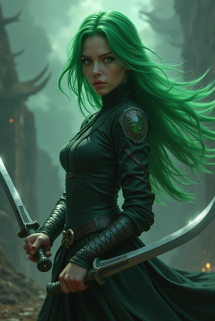 8K , Indonesian woman with tall body and long legs and muscular build, 38 years old , Woman wearing leather rock n roll clothes with lace, Dramatic images , Beautiful , Extremely detailed , Angry face , ((Hair blowing:1.3 )) , green hair, pose comes out of a magical portal