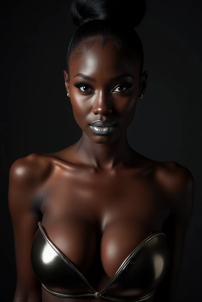 woman, nude, front, chest, black, african, hair bun, oily, grey background