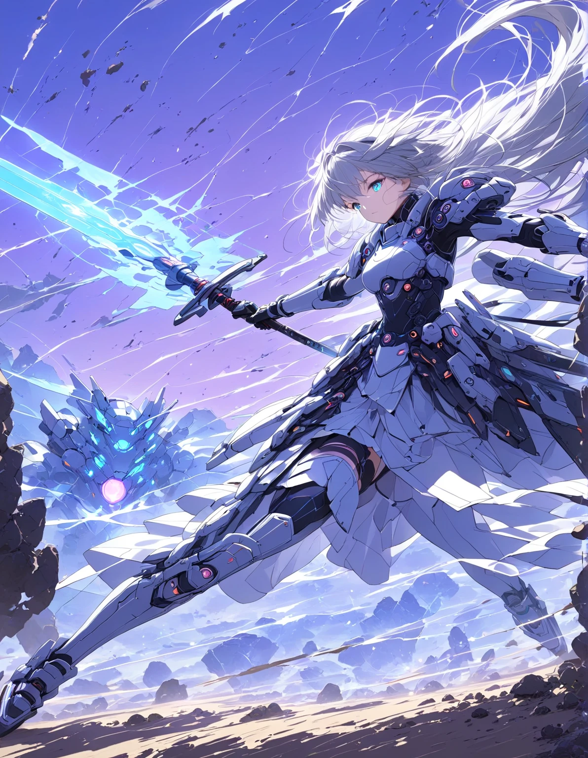 Masterpiece, High Quality, High Resolution, 16K, Illustration by Makoto Shinkai, Detail, Hyperrealistic, Digital Painting, Cyberpunk, Science Fiction, One petite girl, beautiful face, clean skin, clean hair, cyber enhanced warrior, lightweight and segmented with a metallic sheen Tactical armor, neon blue/purple light shining faintly at armor seams, augmented reality interface projected in one eye, long gray hair swishing in wind, neon highlights matching armor light design, beam sword (luminous energy blade), serrated The landscape is a desert-like wilderness, with towers of sharply jutting rocks rising in the distance. The ground is cracked and irregular, with unknown minerals exposed on the surface that emit a pale, pulsating light; scattered alien plants, with blue and green glowing spines and leaves, give an eerie sense of life; two moons float low in the dark reddish purple sky, one with a huge crack and a faint glow from within. One of the moons has a huge crack and emits a faint glow from within. The sky is filled with swirling dark clouds, creating a heavy atmosphere, with the main character in the foreground. The hero is in the foreground, leaning forward and moving powerfully. The right-hand beam sword is in the process of being swung down, and the enemies are surrounded by several drones and alien-like robots. Some are enveloped in the light of an explosion, the energy light emitted by the beam sword's blade scattering a particulate glow around them. The dust and bouncing boulders at their feet indicate the intensity of the battle. In the air, smoke and sparks from enemy explosions are spreading,



