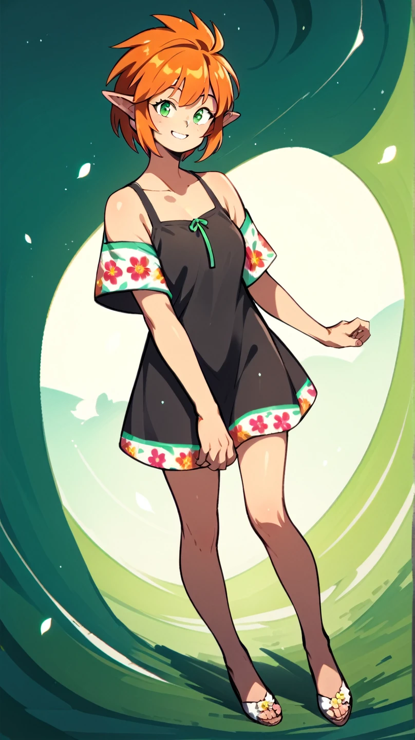 Ixchel,1girl,solo,short hair,orange hair,pointy ears,green eyes, wide smile, full body, dress, floral print