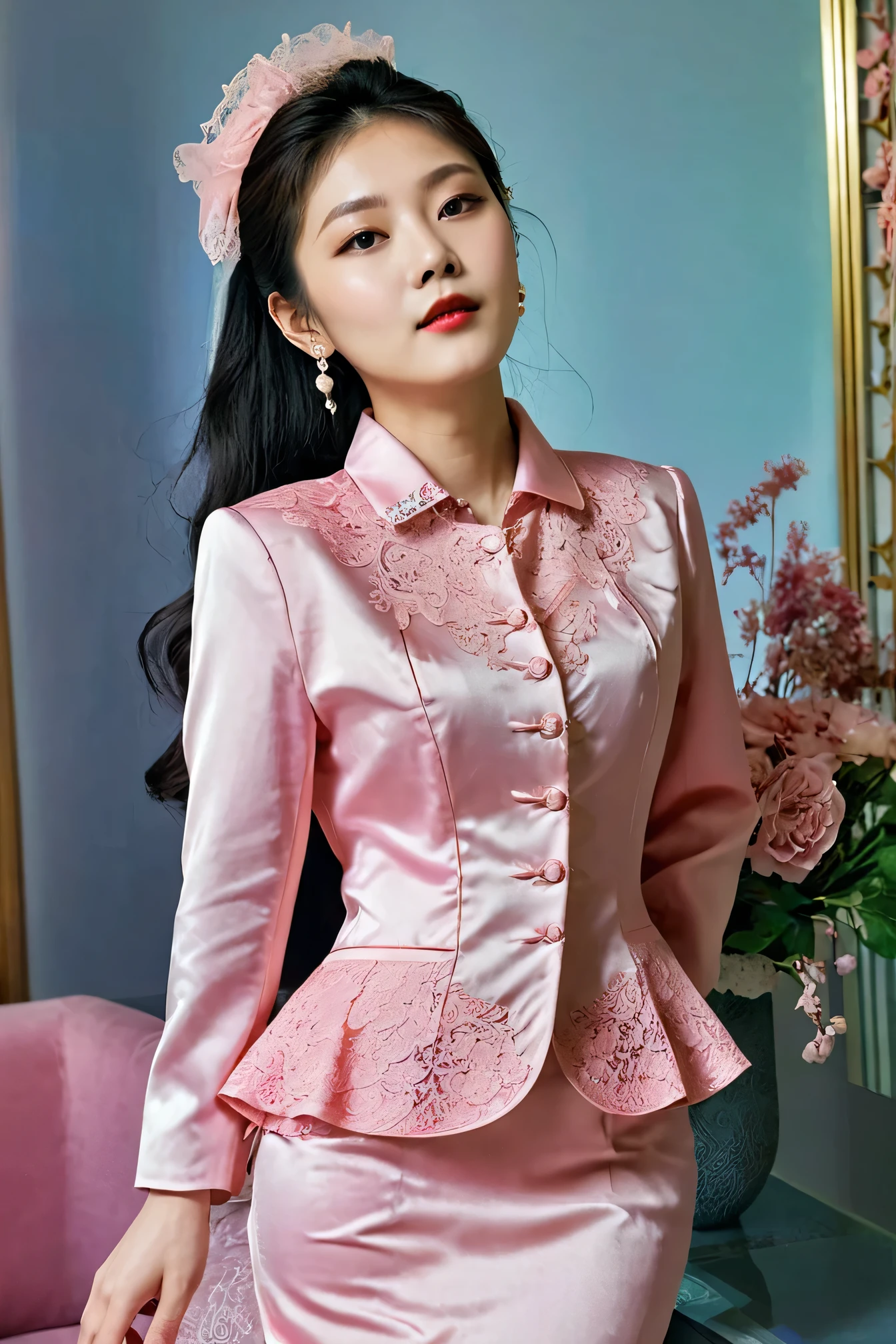 A Korean man in ladies vintage suit dress, big breast like a woman, slender female body, His hairstyle is short and manly, pink, satin, long sleeves, Rich lace, short jacket, mermaid skirt, silk