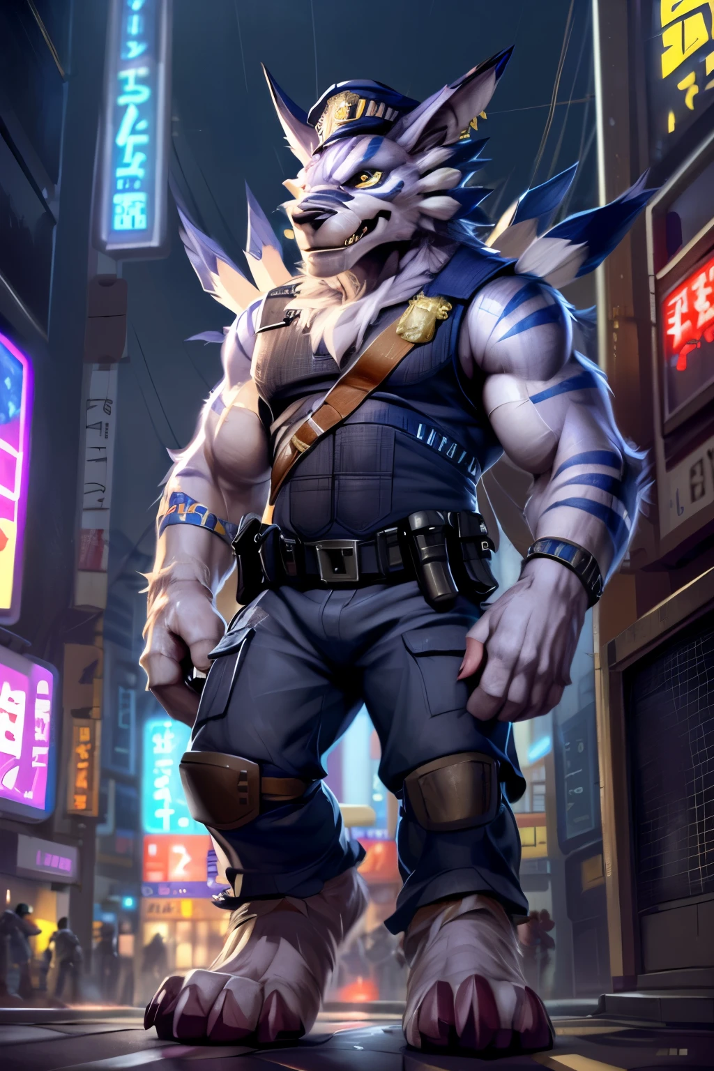 ((((by null-ghost, by darkgem, by kumak))), (weregarurumon), detailed fur, detailed eyes, finely detailed paws, tail, yellow iris, white sclera, safe, markings, male, solo, (police uniforn sleeveless:1.6), cargo pants, solo, muscular, fancy, a paws on the bumper of the patrol car ,night, city, tokyo, street, akihabara, neon lights, ambient light, close up shot, ground level shot ,