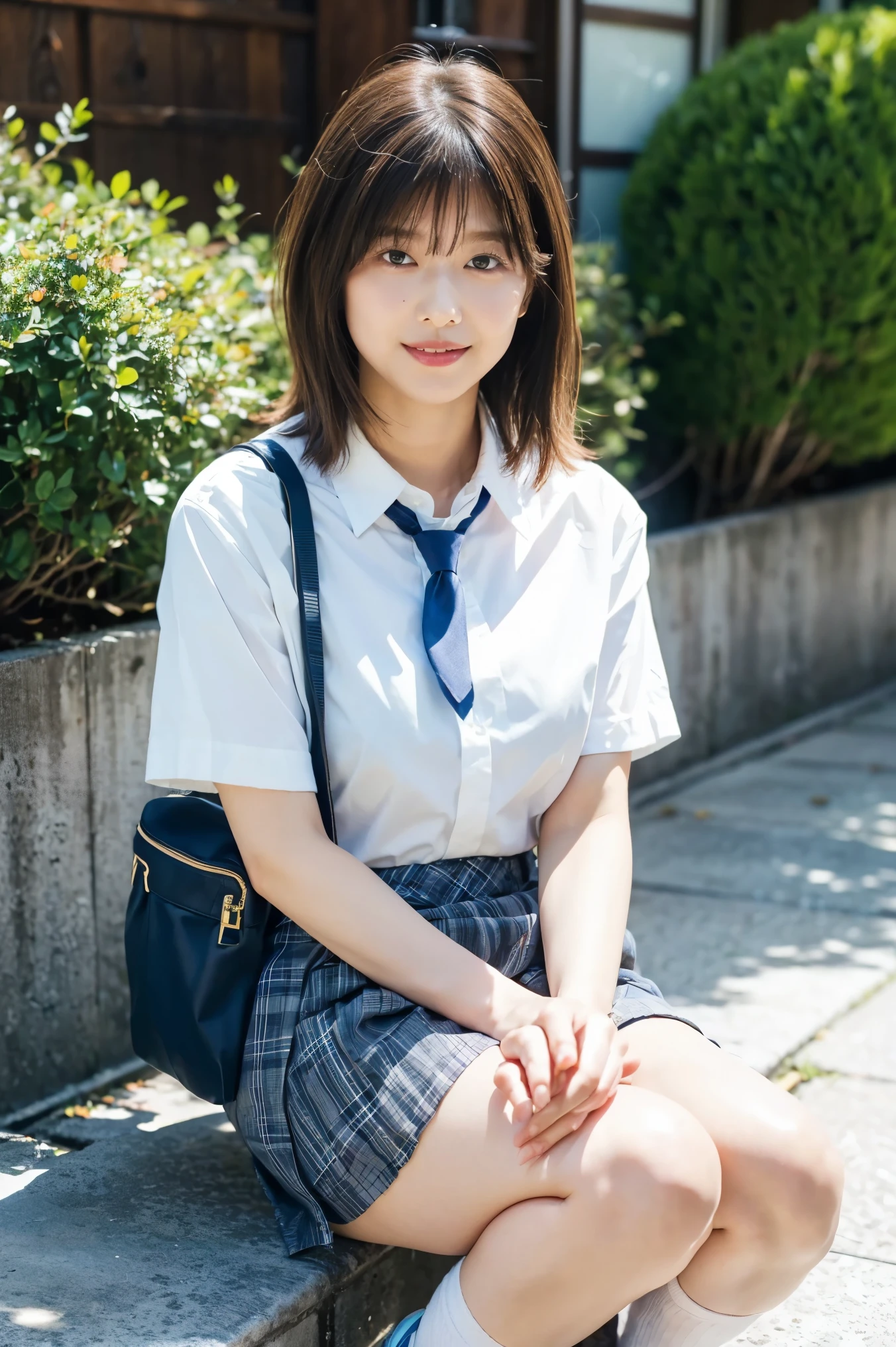 Japanese woman with a viewing angle of、( RAW photo、 best quality、a masterpiece:1 )、 high resolution RAW color photo 、 professional photos、(Realistic、 realistic pictures:1.37)、 Smile 、1 Unforgettable Smile of a Mature Woman 、 hair is disheveled、Floating Hair、 super detailed、Schoolyard、 Dark Brown Hair Medium Hair 、((Y shirt with white collar 、 ties、 Blue and White Checked Mini Short Skirt:1,2))、、 Wearing Roomy Socks 、 loafers in white, standing、Full body portrait、 viewer、