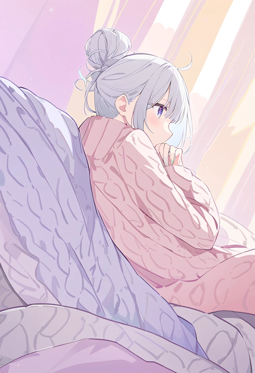  1 woman、 Silver Hair、 tied hair 、 knit dress、 pastel colors 、 sitting on sofa 