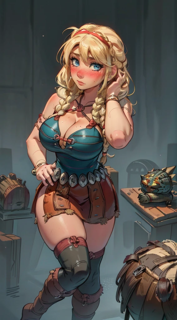 ( better quality :1.3), (),  Astrid from How to Train Your Dragon, (( detailed face)), ((blush)), (big ), neckline, sexy( curvy body),  ((braids of hair)) , (playa), ((tangabikini ))