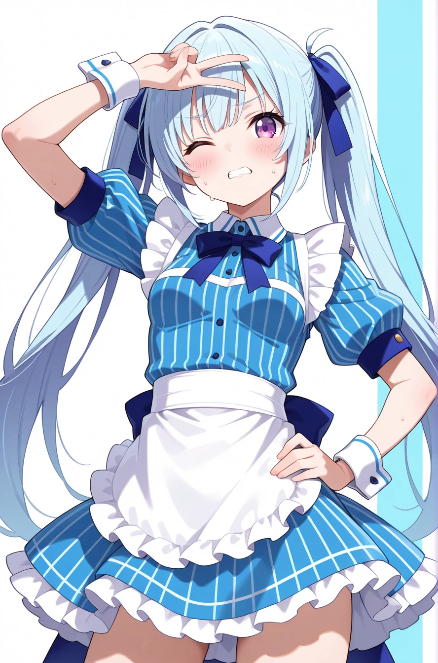 1girl, striped, one_eye_closed, solo, long_hair, bangs, vertical_stripes, apron, short_sleeves, blue_hair, wrist_cuffs, blush, eyebrows_visible_through_hair, shirt, blue_dress, white_apron, twintails, dress, skirt, hair_ribbon, white_background, very_long_hair, ribbon, looking_at_viewer, bow, teeth, striped_shirt, waist_apron, sweat, purple_eyes, blue_shirt, clenched_teeth, puffy_short_sleeves, vertical-striped_dress, arm_up, frills, breasts, puffy_sleeves, hand_on_hip, blue_skirt, standing, sidelocks, simple_background, cowboy_shot, parted_lips, uniform, v_over_eye, two-tone_background, small_breasts, frilled_skirt, blue_ribbon, frilled_apron, light_blue_hair, hand_up, vertical-striped_skirt, collared_shirt