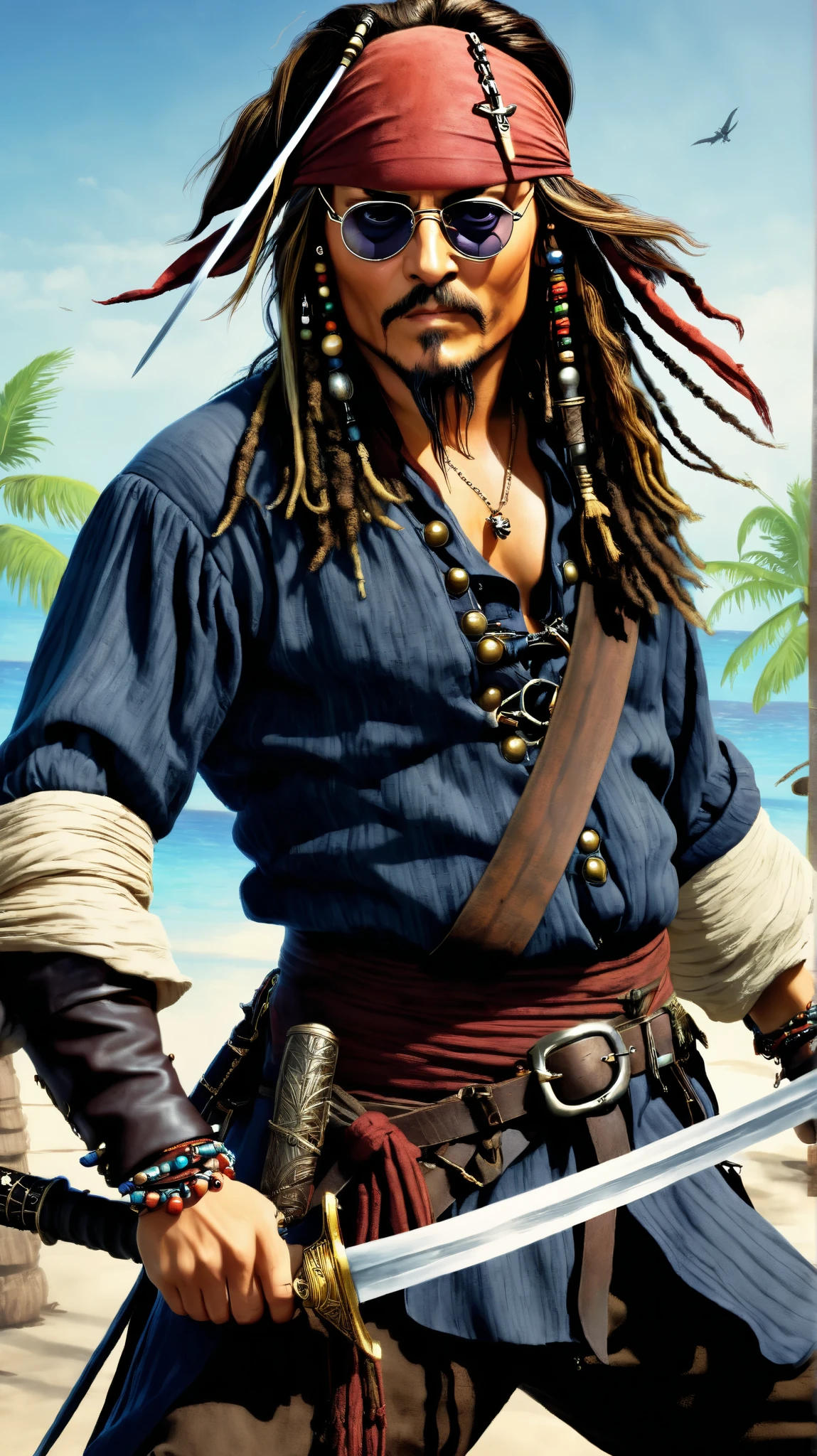 lucas arts,  captain jack sparrow,  Johnny Depp,  flat shading , round sunglasses ,((In battle with a sword)),(total body),(full body)