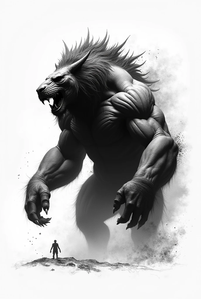 draw giant animals with ink painting 。 only white and black, don't use colors。Draw black with a brush, powerful animals 、No background