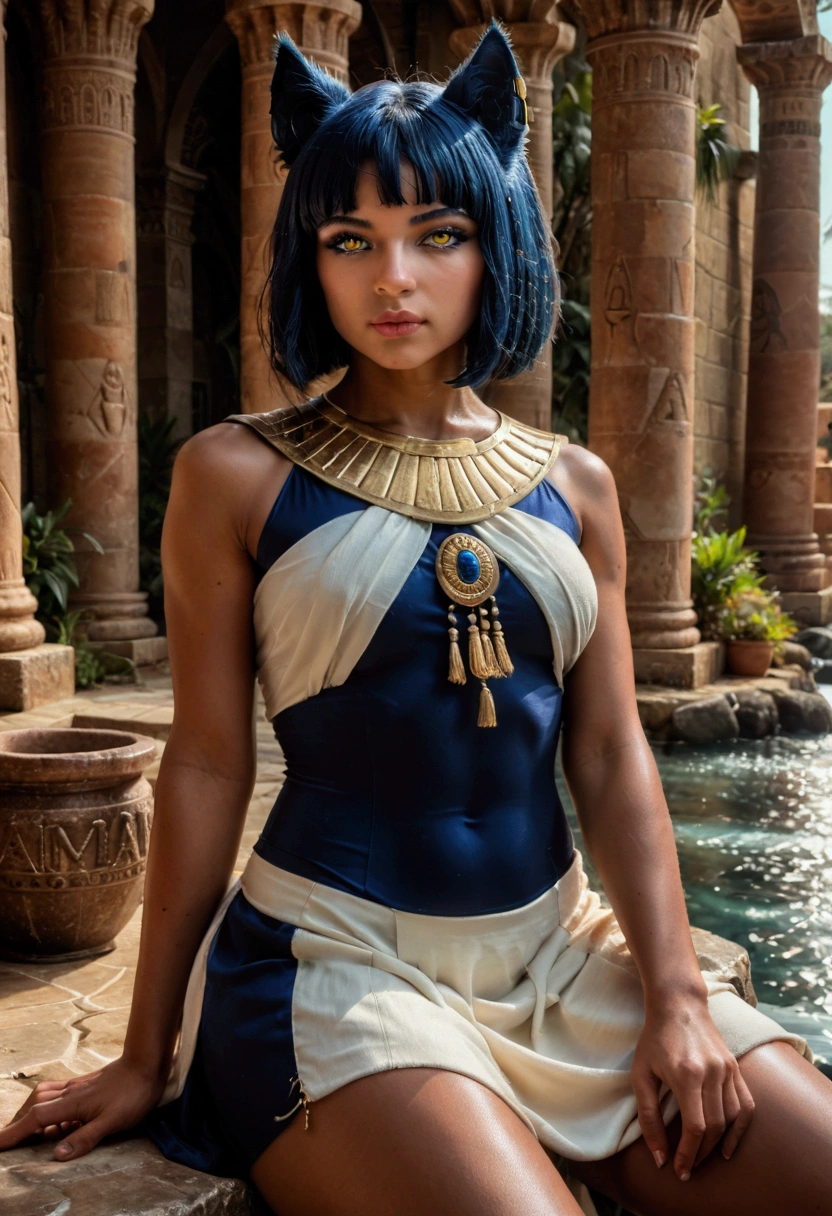 woman in her 20s, dark skin, Arabian, (perfect face), defined jawline, beautiful lips, (beautiful bright yellow eyes), black eyeliner, (athletic body), (sexy), thick thighs, (short dark blue bob haircut, straight bangs), (dark blue wolf ears), (perfect hands), (white strapless Egyptian queen outfit), (exposed midriff), (long white maxi skirt), ancient Egyptian jewelry, sitting on a stone ledge, looking at viewer, (medium shot photograph), (river oasis background), photorealistic