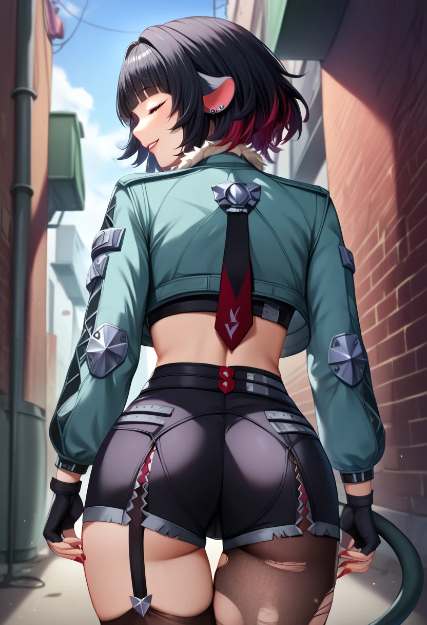 (Masterpiece, Ultra-high resolution, 8k, High Quality, Top quality, High-Detailed, Detailed CG, Cinematic Shadow:0.5, Beautiful Detailed Eyes, Ultra Resolution, Depth of Field, High Resolution, Masterpiece: 1.2), (Anime Art style), (cowboy shot), (Back Alley:1.4), 1girl, solo, jane doe, animal ears, thigh gap, red nails, nail polish, mouse ears, mouse tail, green-grey eyes, black hair, large breast, blunt bangs, femme fatale, femme fatale look, cunning look, singular visible back tied red streak, black gloves, black shorts, fingerless gloves, cropped jacket, crop top, garter straps, single thighhigh, pantyhose under shorts, shorts, skirt, green-gray jacket, fur-trimmed jacket, short necktie, black necktie, short shorts, long sleeves, single garter strap, high-waist shorts, jacket, pantyhose, sidelocks, torn pantyhose, torn thighigh, beautiful breasts, seductive smile, half closed eyes, sitting, crossed legs,