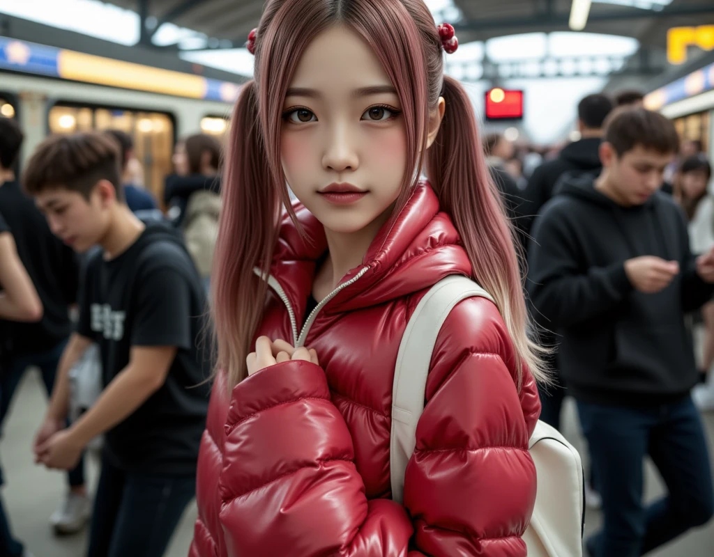 ((  better quality  , 8K,  masterpiece  : 1.3)), zoom: 00.2, Perfect Body Beauty: 5.4, glutes: 5.2, ((Bicolor black  ,  red haircut  , old: 3, 2)), (("Padded jacket and skirt "))  Very detailed texture of the skin and face ,  beautiful eyes of God  ,  double eyelid  ,  discolored skin  , long hair , (happy: 0.3)  A beautiful girl Gial  ("  big breasts") (("  bicolor fur  , black and red" "with pigtails"))(( At a station walking with people )) (  Realistic photo) (  better quality  ) ( light brown eyes ) (( Attention to hair))