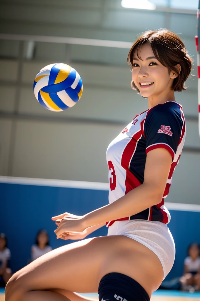 1 Ladies solo, /(Volleyball uniform/), /(dark brown  hair/) By bangs, blushing smile, (Masterpiece of the best quality:1.2) Exquisite illustrations and super detailed, Big breastsBREAK /(Indoor volleyball court/)