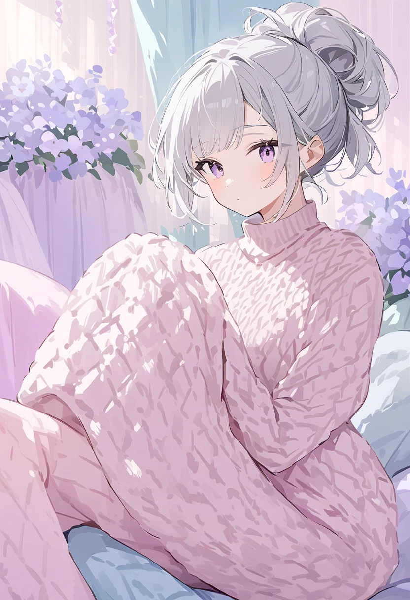 masterpiece、High image quality、 1 woman、 Silver Hair、 tied hair 、 knit dress、 pastel colors 、 sitting on sofa 、Holding a cushion