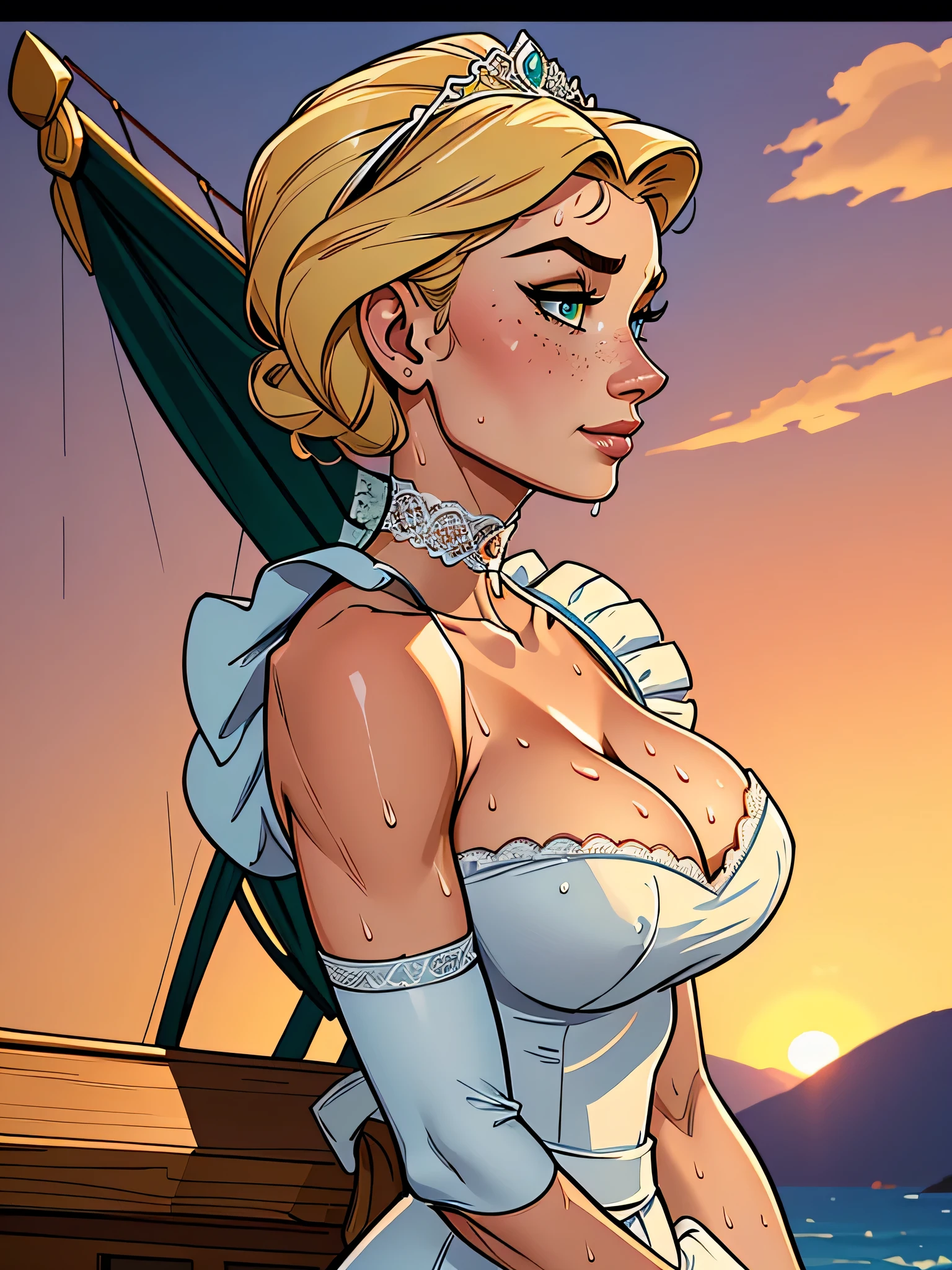 (Absurd, hq, ultra detailed, Anatomically correct , watch out for your hand ) close up of a thin and athletic woman , 25 years, 8k (( high definition)), beautiful smile, seductive look, green eyes, nose fine, wearing a long royal white dress ((lace boat neckline, with short puffy sleeves , choker and tiara)), thin waist , arms positioned on the sides of the body , white pele, blond hair ((long and straight)), standing (( American Plan , Side view)), with freckles on your chest and neck , (( giant round breasts , Wet with sweat )). Marvel style (( high definition)), sunset in the background .