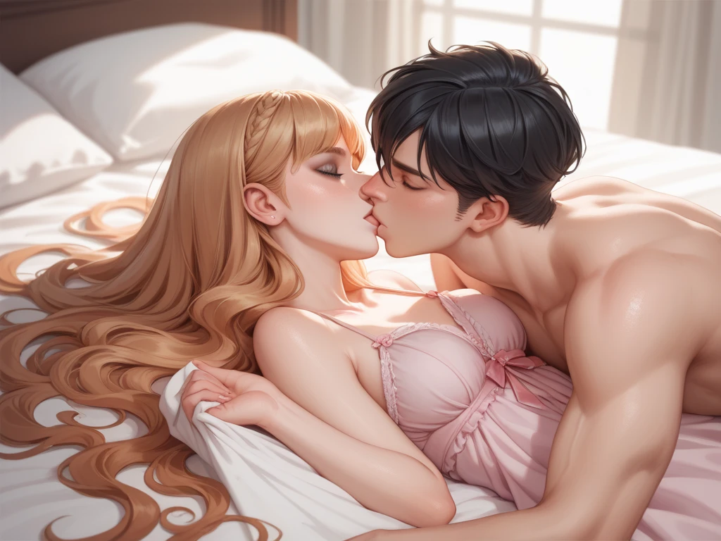 couple. man , 38 years old, French, long angular face, aquiline nose, very long hair, black hair, black eyes, pale skin,  athletic body , lying next to a young woman, copper blonde, grey eyes, pale skin, wearing a pale pink Victorian nightgown, lying in bed, hugged, flirty , kissing her chest. large bed with white sheets.  eyes closed . delicious