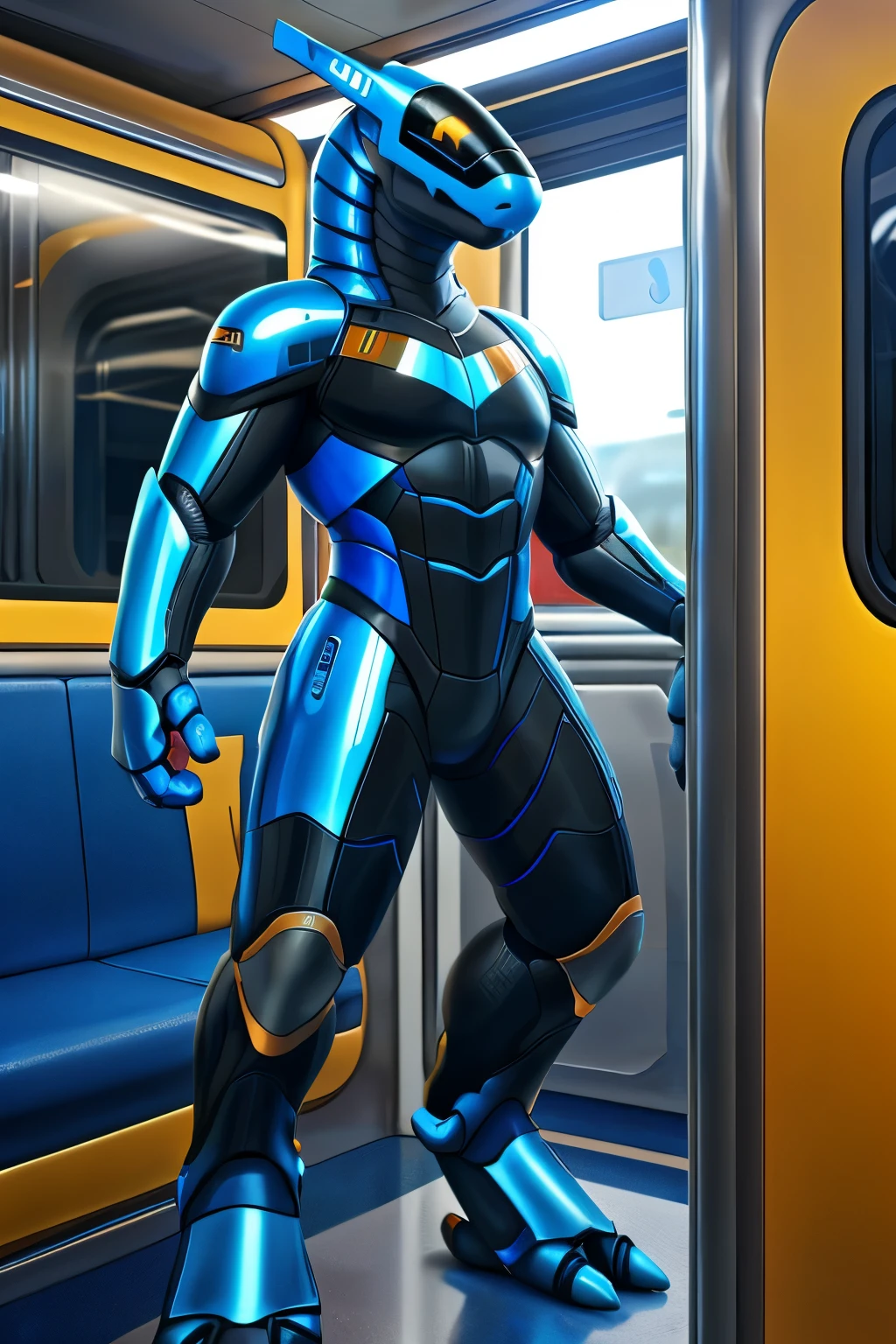 (synth \(vader-san\):1.1), synthbod, full-length portrait, front view, standing, smile, in train, train, (glistening body:1.1), blue body, (blue body:1.1), orange eyes, metallic body, reflective body, 4 fingers, best quality, good quality