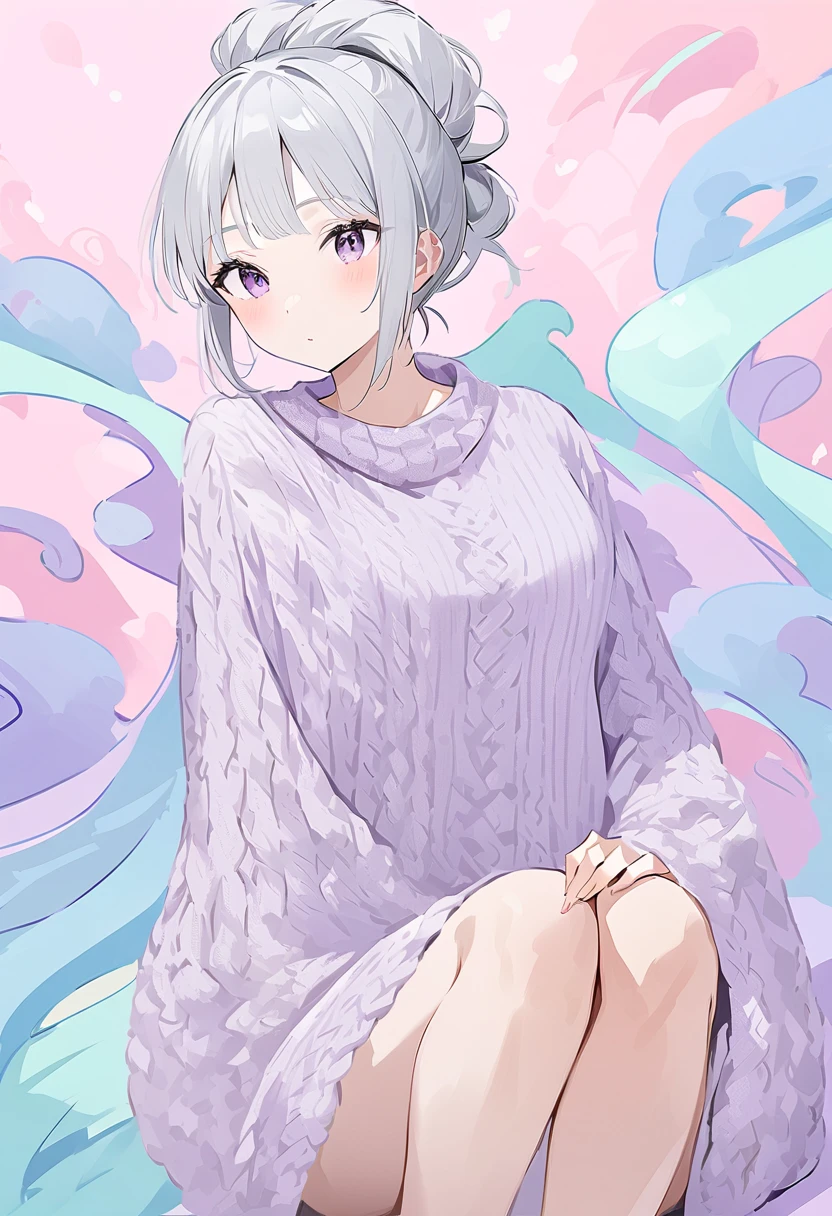 masterpiece、High image quality、 1 woman、 Silver Hair、 tied hair 、 knit dress、 pastel colors 、 sitting on sofa 