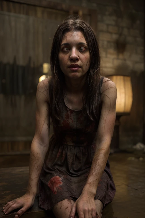 1 girl, lilsis, dirty, blood, muddy dress, black hair, dress, horror, (theme), alone, yellow eyes, dark, yellow sclera, glowing eyes, sinister, brightly lit background, explicit warning, (barefoot, enjoying), nsfw. The wall behind the table is light brown and there is a big screen on the right side, (cinematic framing, realistic: 1.3, highly detailed, high-budget, cinemascope, gloomy, epic, beautiful, film grain, grainy, masterpiece, best quality, perfect anatomy, very aesthetic, official art, 8k, photography on 35mm film), looking at viewers