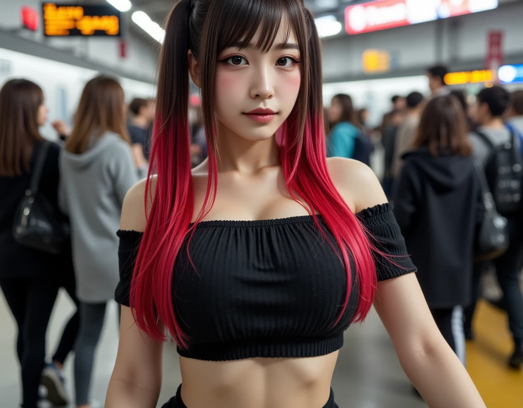 ((  better quality  , 8K,  masterpiece  : 1.3)), zoom: 00.2, Perfect Body Beauty: 5.4, glutes: 5.2, ((Two-tone black and red hair  , old: 3, 2)), ((" Padded jacket and skirt "))  Very detailed texture of the skin and face,  double eyelid  ,  discolored skin  , long hair , (Shut up : 0.3)  A beautiful girl Gial  ("  big breasts") (("  striped hair  , black and red" "with pigtails"))((  In a station walking with people )) (  Realistic photo) (  better quality  ) ( light brown eyes ) (( Attention to hair))