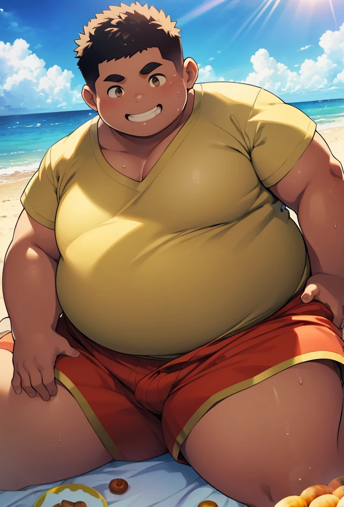 Brazillian boy, sitting in a bed looking at you, Eating a a cream filled donut playfully, looking at you with a smile, obese boy, in volume, morbidly obese, gainer pride, boy who likes to gain weight, fan of eating, big belly, fat pectorals like 2 balloons full of fat that fit his white tank top, fat and enormous buttocks that squeeze his brown shorts, fat arms of 45 cm in circumference, thighs full to bursting with fat, big and fatbulge between the legs, sweat, heat, sun rays, 3:4, detailed face, shapely