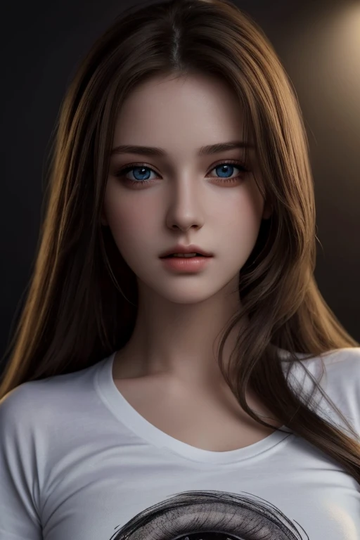 Best quality, masterpiece, ultra high res, (photorealistic:1.37), raw photo, 1girl, long hair, beautifull eyes, beautifull face, detailed eyes and face, t-shirt, dynamic lighting, in the dark, deep shadow, low key, cowboy shot