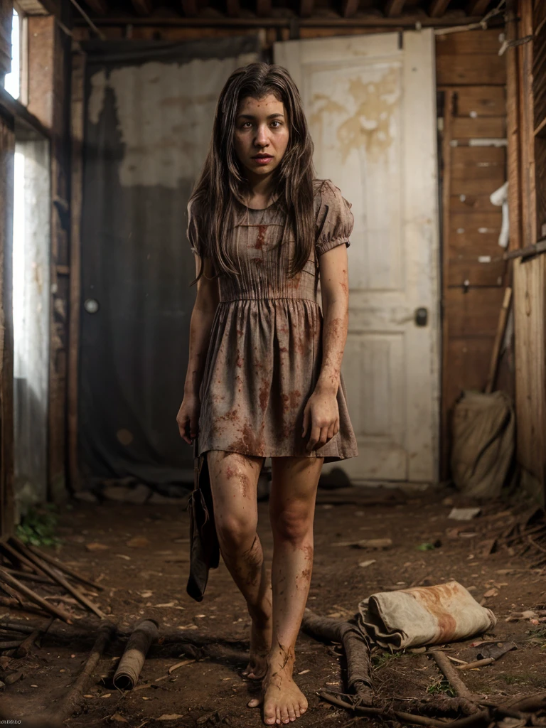 1 girl, lilsis, dirty, blood, muddy dress, black hair, dress, horror, (theme), alone, yellow eyes, dark, yellow sclera, glowing eyes, sinister, brightly lit background, explicit warning, (barefoot, enjoying), nsfw. The wall behind the table is light brown and there is a big screen on the right side, (cinematic framing, realistic: 1.3, highly detailed, high-budget, cinemascope, gloomy, epic, beautiful, film grain, grainy, masterpiece, best quality, perfect anatomy, very aesthetic, official art, 8k, photography on 35mm film), looking at viewers