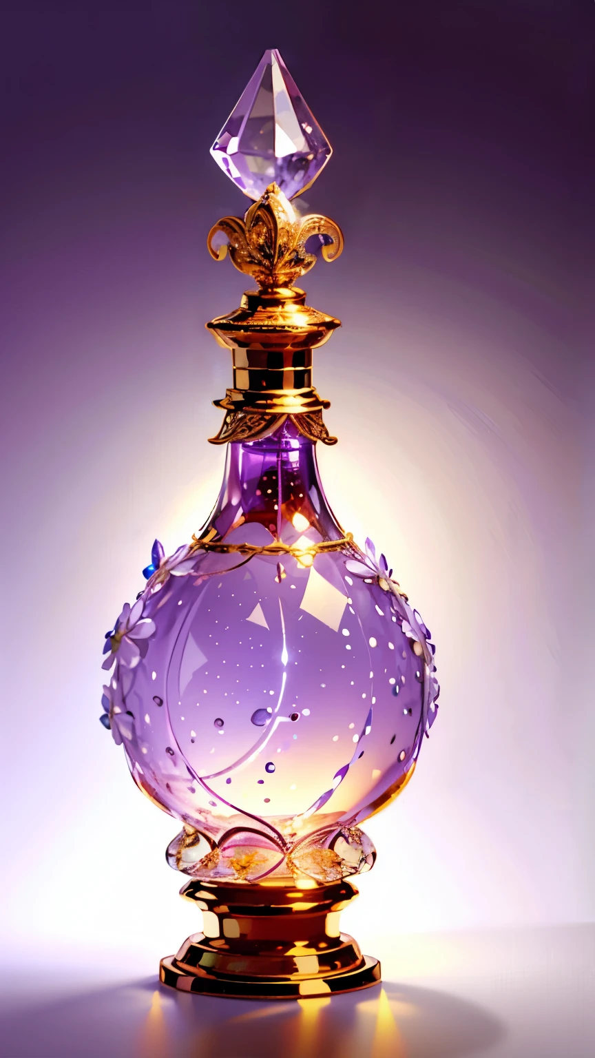  Beautiful Perfume Bottle 　  A masterpiece　  High Quality  　High precision　  Purple Silhouette  、　White background、 Golden Flowers Scattered　、 bright lights on the Ped　container design  、  Delicate Design  　a masterpiece 