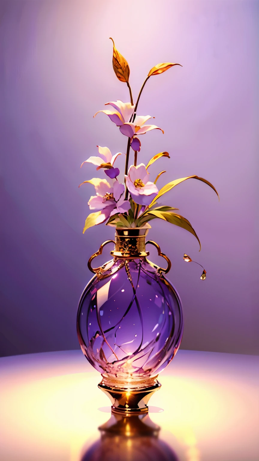 Beautiful Perfume Bottle A masterpiece High Quality High precision Purple Silhouette 、 White background、 Golden Flowers Scattered 、 bright lights on the Ped container design 、 Delicate Design a masterpiece