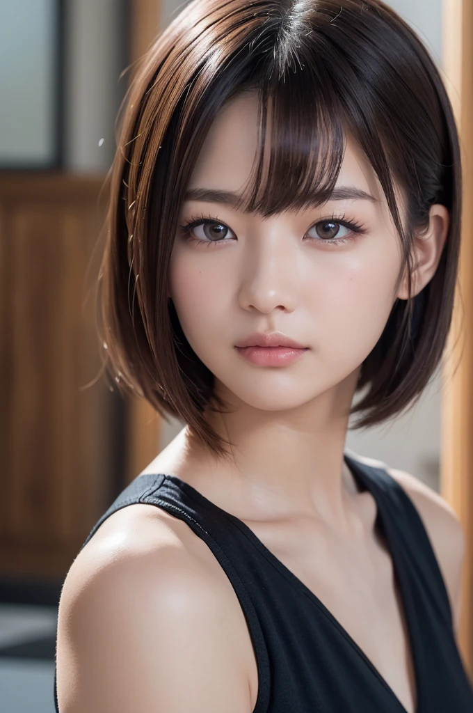 (Ultra-realistic), (figure), (High resolution), (8k), (Very detailed), (Best figure), (Beautiful and detailed), (Highest quality), (Super detailed), (masterpiece), (wallpaper), (Detailed face), alone, One Girl, watching viewer, Trendy clothes,Less exposure、Fine details, Detailed face, In the Dark, Deep Shadow, Modest, Pure ?????? Face Ace_v1, cool, short hair, Pointed diagonal bangs,Aoyama Street