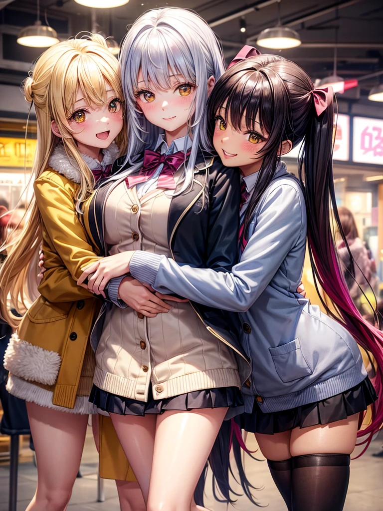 ((highest quality)), ((masterpiece)), (3 girls:1.5), Three cute girls are posing for the camera in an outdoor bookstore, (shirtを持ち上げる:1.3), (three people standing in a row), (Close-up shot from the waist up), (open your mouth and smile:1.3), ray tracing, ((topless)), (), nipple, chest, hair band, head band, hair bobble, blouse, shirt, (high resolution face:1.5), (High definition finger 1.5), ((No panties)), Pussy, No skirts, Asian, Westerners, silver hair, brown hair, blonde, (belly button), jewelry, looking at the viewer, necklace, long hair, short hair, (abs),