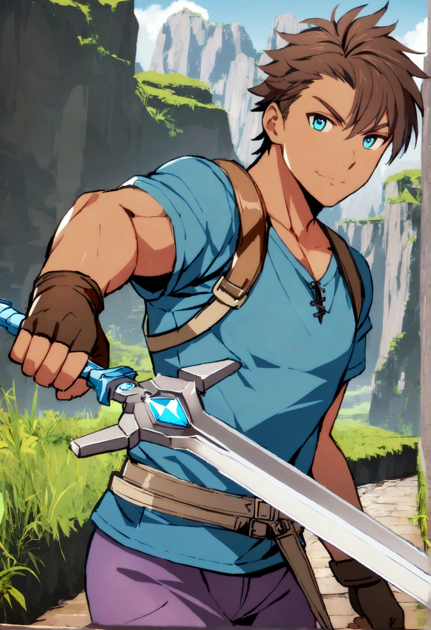  
1 male solo, slightly dark skin, blue eyes, blue shirt, muscular, purple jeans, Brown hair, fingerless gloves, holding a diamond sword, adventurer, pose