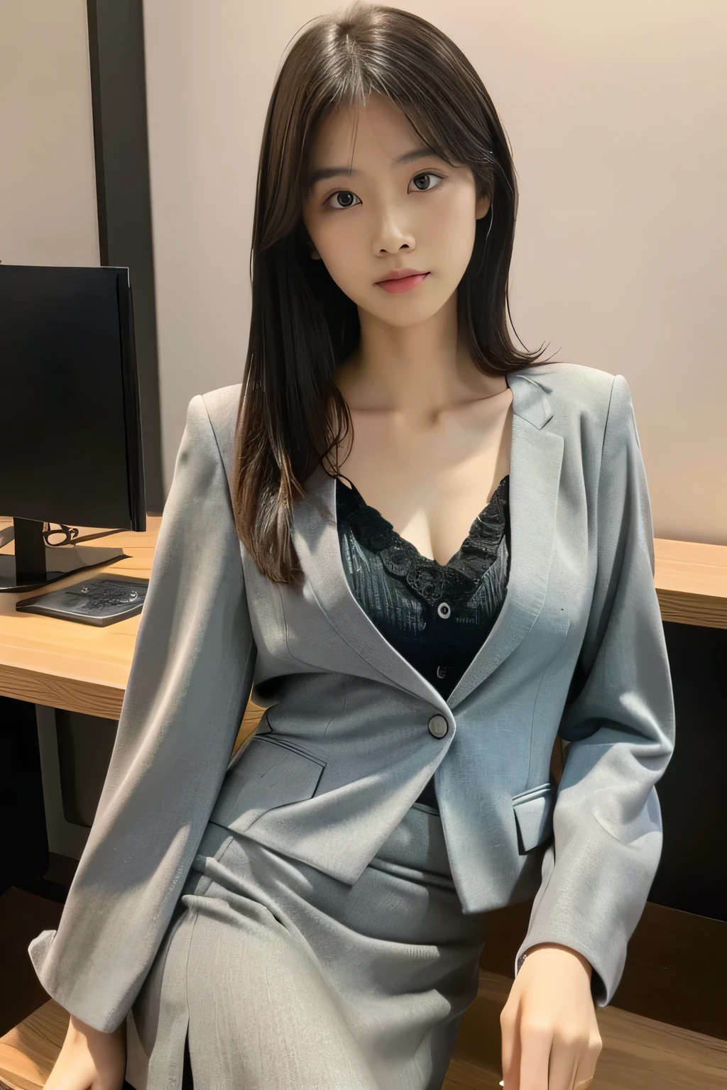 absurdres, RAW photo, extremely delicate and beautiful, masterpiece, Best Quality, ultra high resolution, 16k, hyperrealistic, ultra-detailed, perfect anatomy, super Detailed skin, perfect figure, Very detailed CG 8k wallpaper, in her 20s, very Slim body, narrow waist, very small head, very small face, delicate facial features, tearful mole, earring, thin legs, ((very huge round breasts)), full body shot, 1 girls, shorter middle hair, wavy hair, ((office lady suit)), blazer, wet, bed,