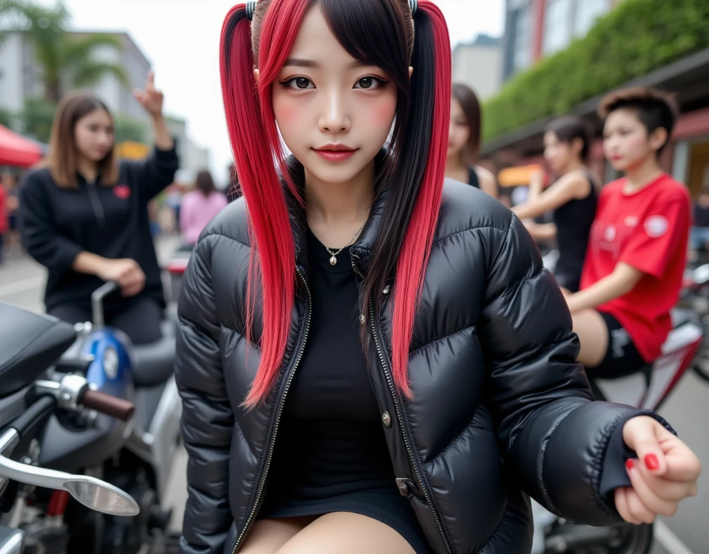 ((  better quality  , 8K,  masterpiece  : 1.3)), zoom: 00.2, Perfect Body Beauty: 5.4, glutes: 5.2, ((Two-tone black and red hair  , old: 3, 2)), (("Padded jacket and skirt "))  Very detailed texture of the skin and face,  double eyelid  ,  discolored skin  , long hair , (Shut up : 0.3)  A beautiful girl Gial  ("  big breasts") (("  striped hair  , black and red" "with pigtails"))(( On a motorcycle with people with people )) (  Realistic photo) (  better quality  ) ( light brown eyes ) (( Attention to hair))