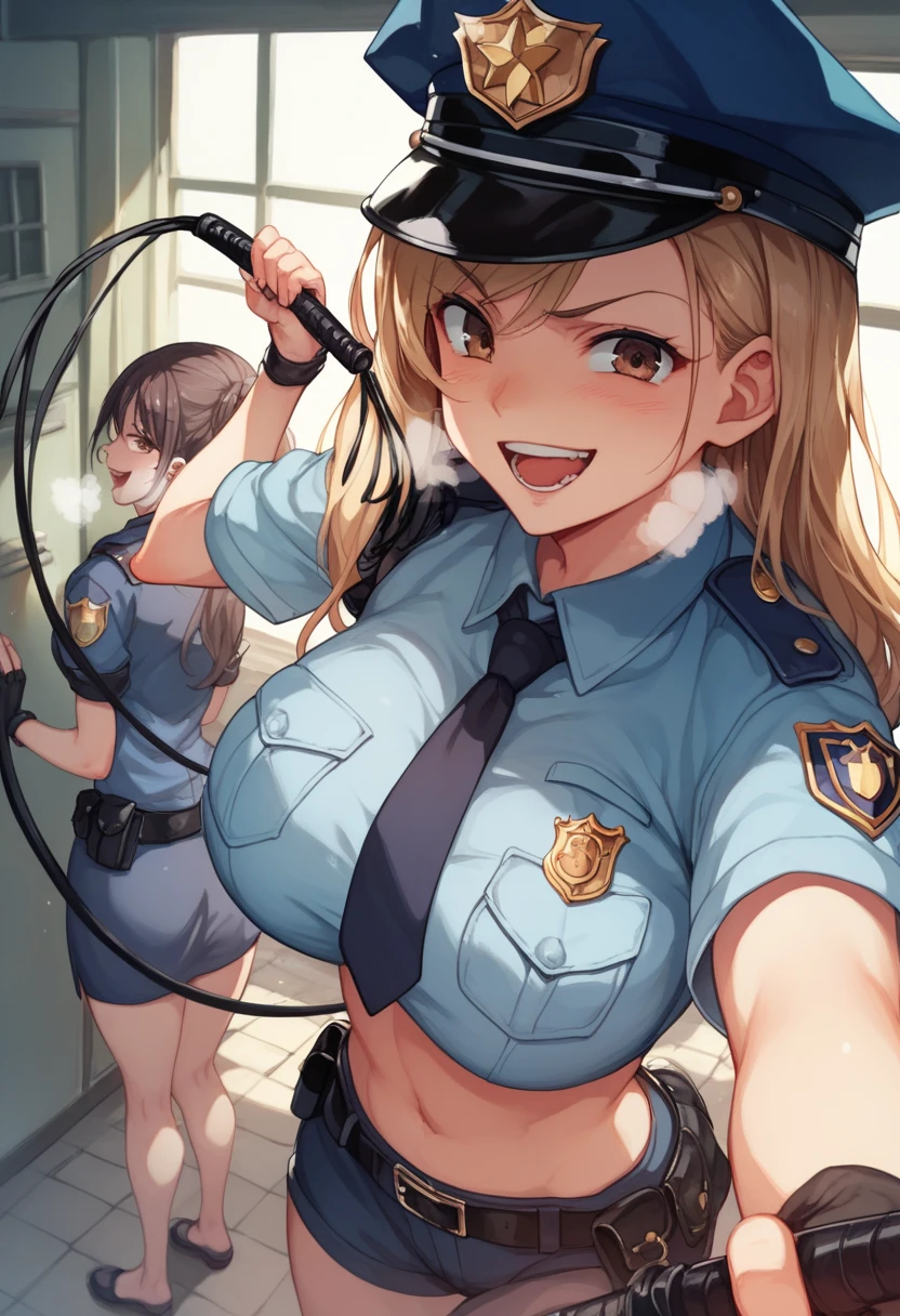 The background is a dark basement made of bricks 、Two women in their 20s with big breasts 、 Brown Eyes  、Yakumo Beni,  They are wearing female police officers or police uniforms,  holding a long whip in their hands ,  床に鞭を置け composition showing the floor from the ceiling 、cute anime style picture,  rough breathing,  crazy smile , 