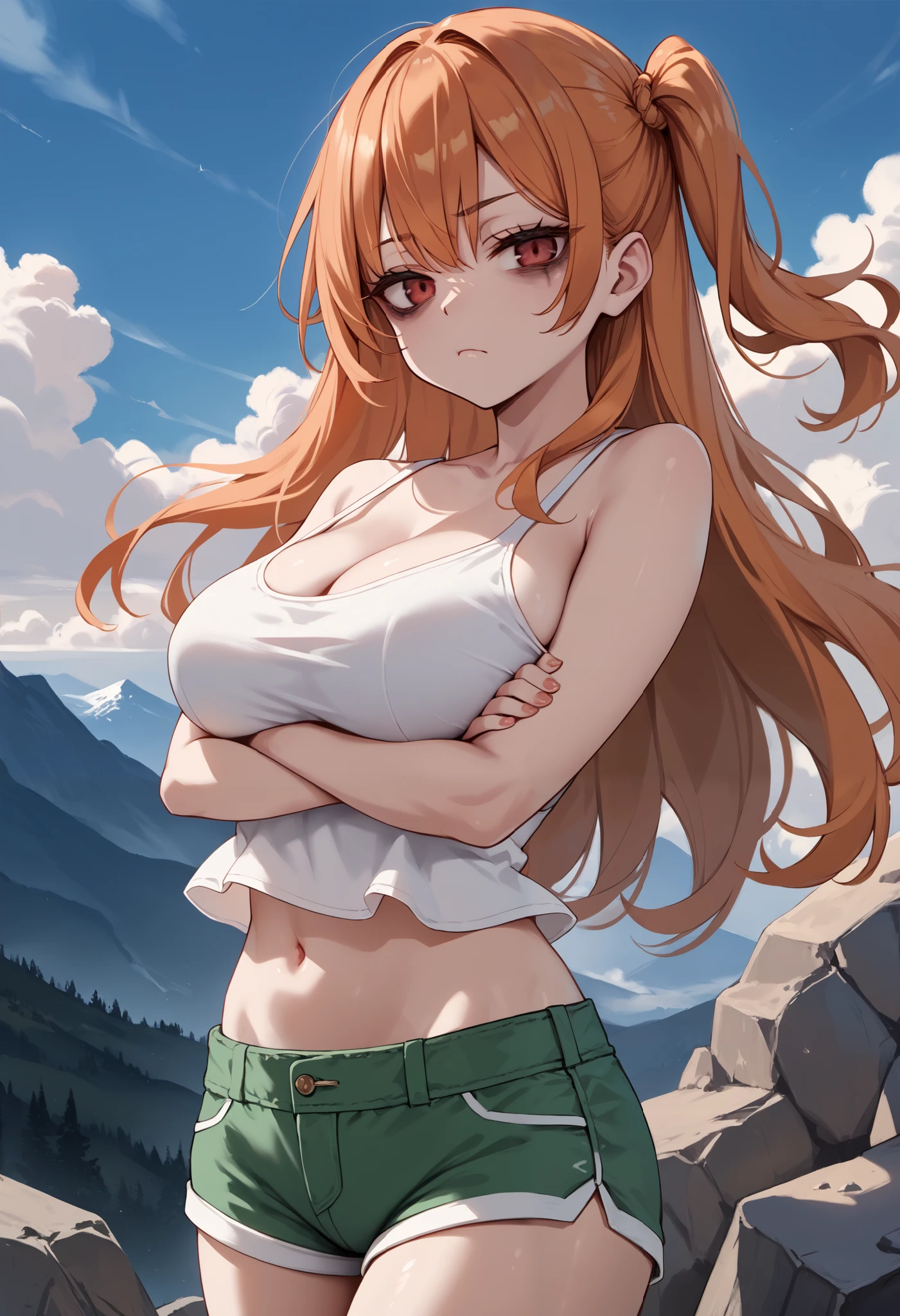 score_9, score_8_up, score_7_up, source_anime, 1girl, solo, Bags under eyes, burlesque dress BREAK 

Orange hair, long hair, one side up, red eyes BREAK large breasts, (pale skin) BREAK 

White tank top, navel, green shorts BREAK 

Closed mouth, bored face, looking at viewer, crossed arms, outdoors, mountains, background sky, cloudy sky, blue sky BREAK 