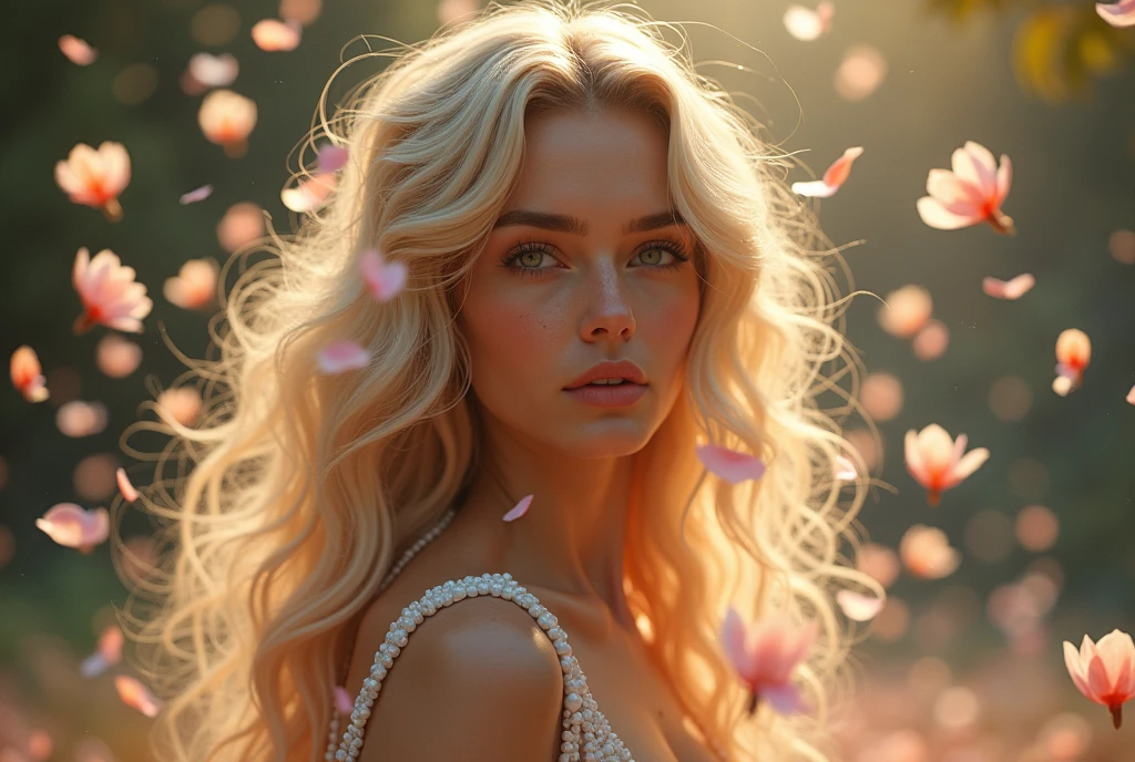 ((masterpiece, highest quality, Highest image quality, High resolution, photorealistic, Raw photo, Extremely detailed CG unified 8k wallpaper)), (huge stunning goddess shot, very hot and sexy, jaw-dropping beauty, perfect proportions, beautiful body, slim body beauty:1.4), Rain of Petals, Blonde hair, falling petals, a fantastic sight,