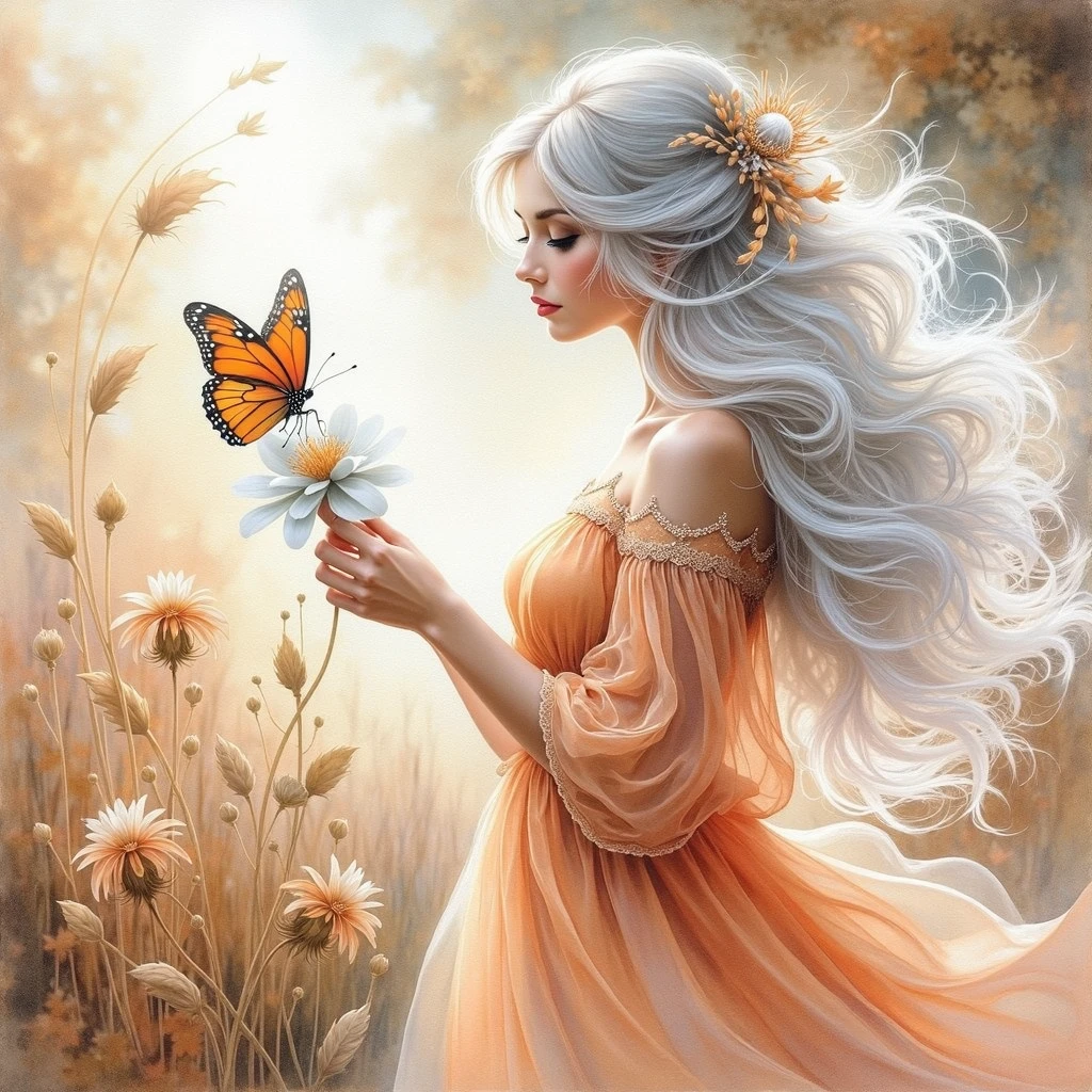 EXTREMALLY DETAILED ULTRAREALISTIC Paint a soft dreamy watercolour image of an ethereal beautiful young woman with long windswept white hair adorned in a gorgeous soft orange flowing dress admiring a stunning, soft-focused dreamy orange butterfly perched delicately on a white flower, which is centrally positioned within a serene natural background. The background features warm, brown and beige blurred tones that evoke a tranquil, ethereal meadow ambiance. Gentle light filters through the scene, lending a dreamy, hazy quality to the composition. To the right, a subtle, dry grass stalk stretches upward, its fine details softly defined, enhancing the image's overall delicate and painterly effect. The butterfly's wings are open, showcasing shades of deep orange with fine black detailing along the edges and wing veins, providing a vivid contrast to the creamy, muted background and the simplicity of the elegant, pale flower supporting it. Fleeting beautiful moments are fragile but immortalized in art.