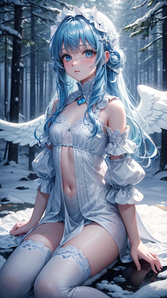 ((A long shot)) of a long aqua-haired anime teen girl, (sitting near a river), cinematic light, slim body, skin is perfectly healthy, soft, and smooth, Extremely delicate and beautiful CG illustration, best quality, high resolution, dynamic angle, full-length lens, (1 girl), floating, soft light, high-key lighting), glowing light, blue halo, feathers fluttering background, blue crystal, ((very cinematic)), ((wearing a blue winter coat with fur and white thigh pants)), (wearing white gloves), barefoot
