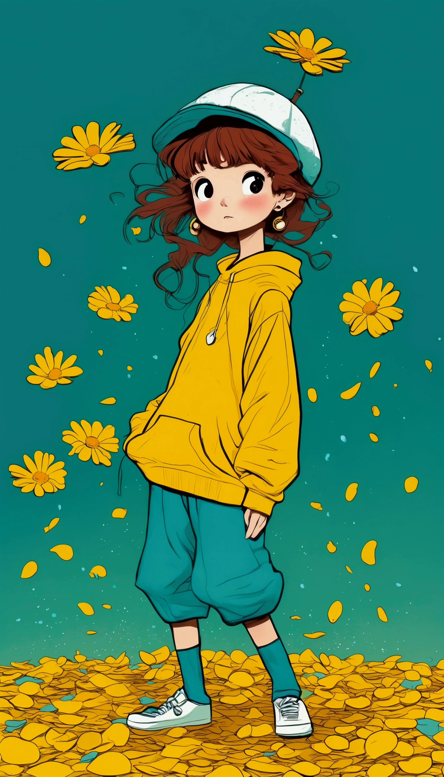   full body shot  ,   she is standing with her hands picking flower petals from the floor,  while rain of rose petals falls  ,  a cartoon girl wearing a loose yellow sweatshirt ,  white wool hat,  round cyan earrings and plaid pants with daisy bows ,   brown hair moving with the wind  ,   white sneakers  , Cyan wallpaper ,   vector art by Yamagata Hiro  ,  Trend in CG  , esteticismo, in blue and yellow clothes, anime   full body illustration  ,   full body illustration  , some   yellow and blue,   illustration style  ,   yellow and blue, yellow clothes, Phone background, y2k style, y2k style,  beautiful art style 