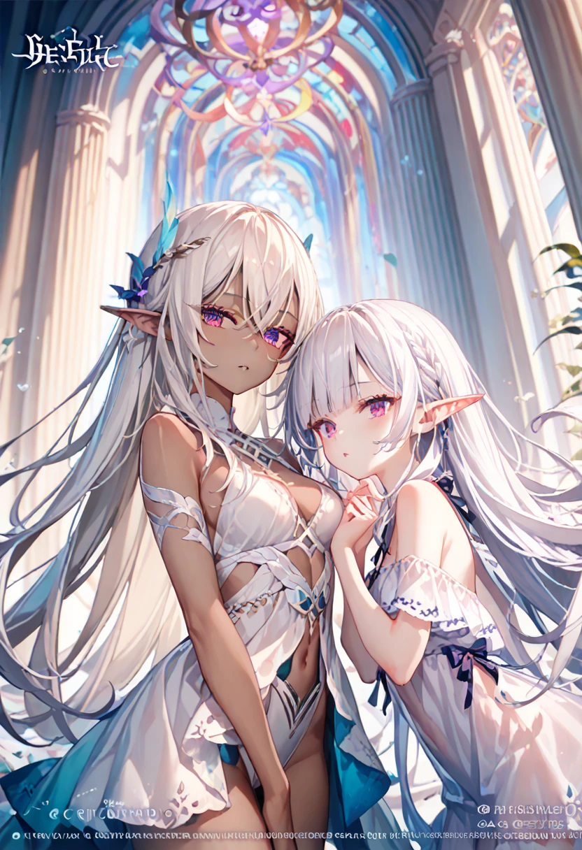 (masterpiece,   high quality  ,   Best quality  ,   official art ,   A beautiful and aesthetic  :1.2), ((dark elf)), (( 2 twin girls)),   very detailed ,  BREAK,  , an incredibly detailed face , Eye details, blunt bangs,   white hair, ( to the hair between the eyes  ), eyelashes,   purple eyes  , eye shadow, pink eye shadow, (  dark skin  :1.2), stockings, Colorful, 