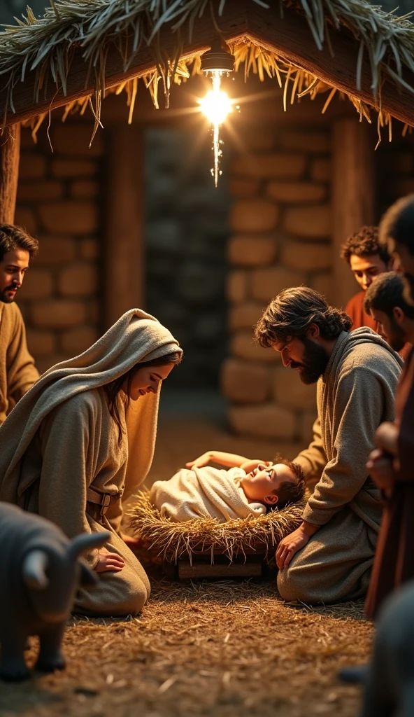 An ultra-realistic nativity scene depicting the birth of Baby Jesus in a humble, rustic wooden manger. The , wrapped in finely textured linen cloths, glows with a soft, divine light that highlights his serene, innocent face and tiny hands. His skin has delicate, lifelike details, and the light gently creates a halo effect around his head. Mary, kneeling beside the manger, is portrayed with realistic facial expressions of love, joy, and tenderness. Her natural fabric robe shows intricate folds and soft, worn edges. Joseph stands protectively nearby, his weathered face reflecting awe and devotion, his robes subtly detailed in earth tones.

The stable is constructed with rough-hewn wooden beams and stone walls, aged with realistic textures, while the thatched roof has visible, fine details of dried grass. The scene is bathed in the gentle glow of the radiant star of Bethlehem, shining down with an almost tangible light, casting soft shadows over the straw and wooden surroundings. A donkey and an ox stand beside the manger, their fur and skin rendered in lifelike detail, their eyes calm and observant. Several shepherds, in worn but intricately detailed robes, kneel and stand with expressions of reverence and awe, their hands visibly weathered. The entire scene radiates a peaceful, divine atmosphere, capturing the miracle of Jesus’s birth with vivid, ultra-realistic textures and spiritual depth.