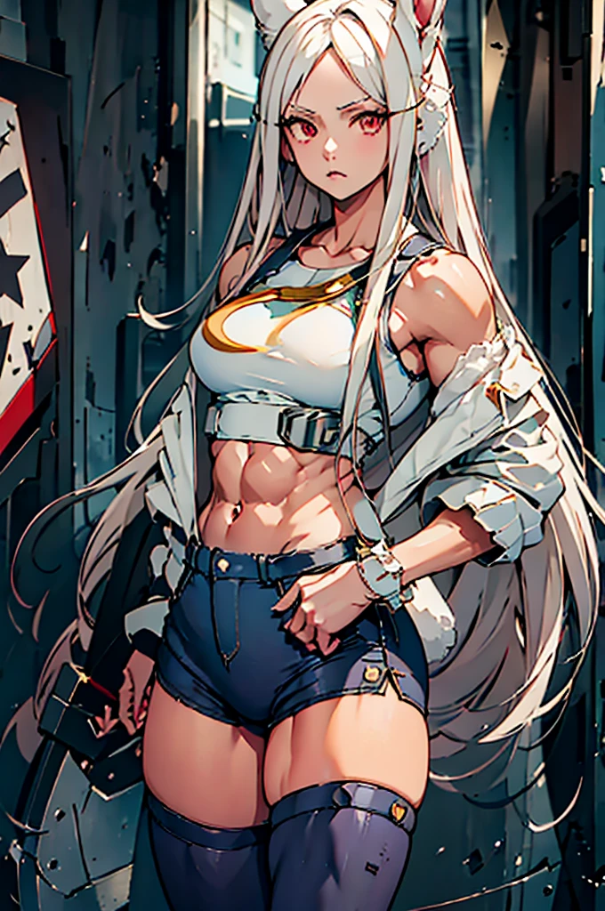  rumi usagiyama the heroine rabbit Mirko long white hair,Ojos rojos,  white rabbit ears wears a crop top , blue denim pants , white ankle boots with muscular body   